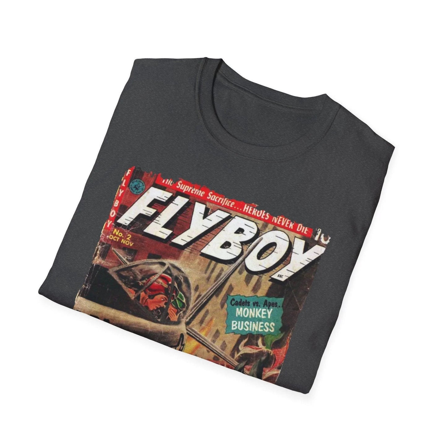 Close-up of Flyboy No.2 unisex softstyle T-shirt's textured cotton fabric, showing relaxed fit and vibrant navy color from a