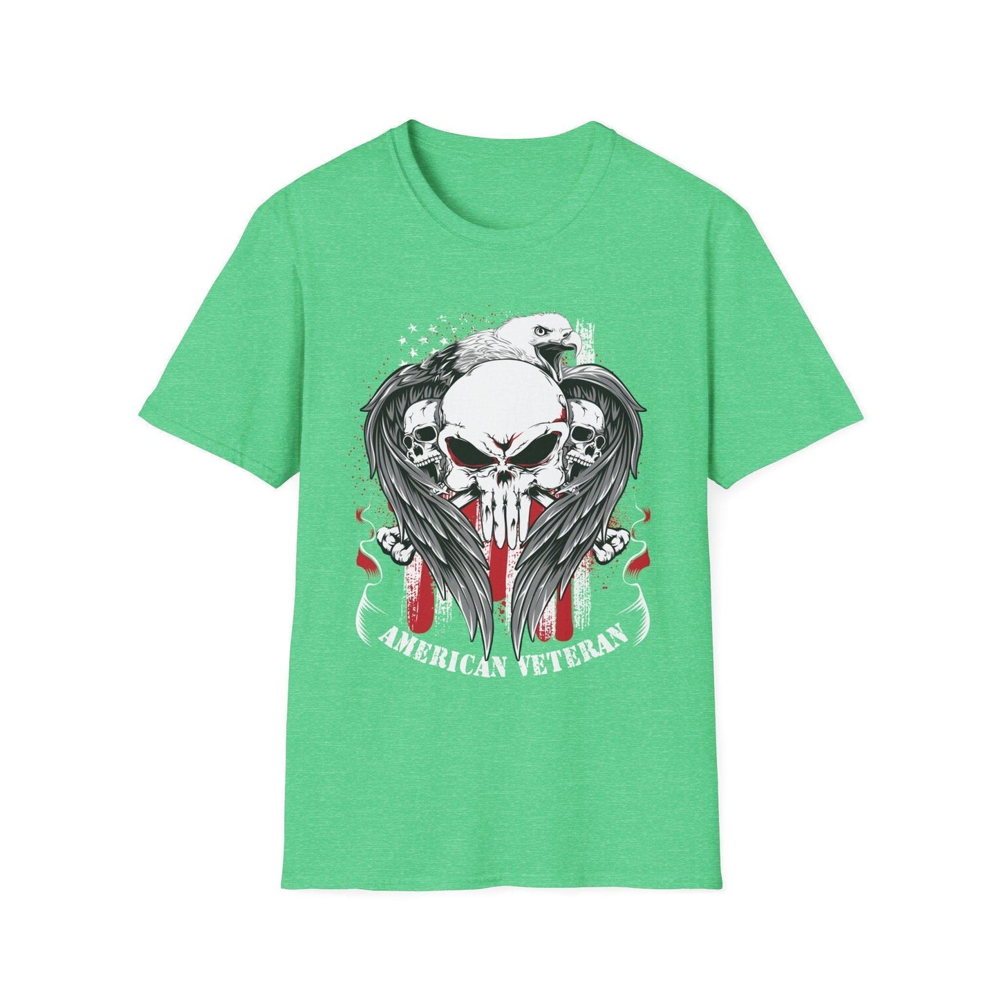 Close-up of the American Veteran T-shirt’s chest graphic showing textured screen printing on soft cotton fabric in olive