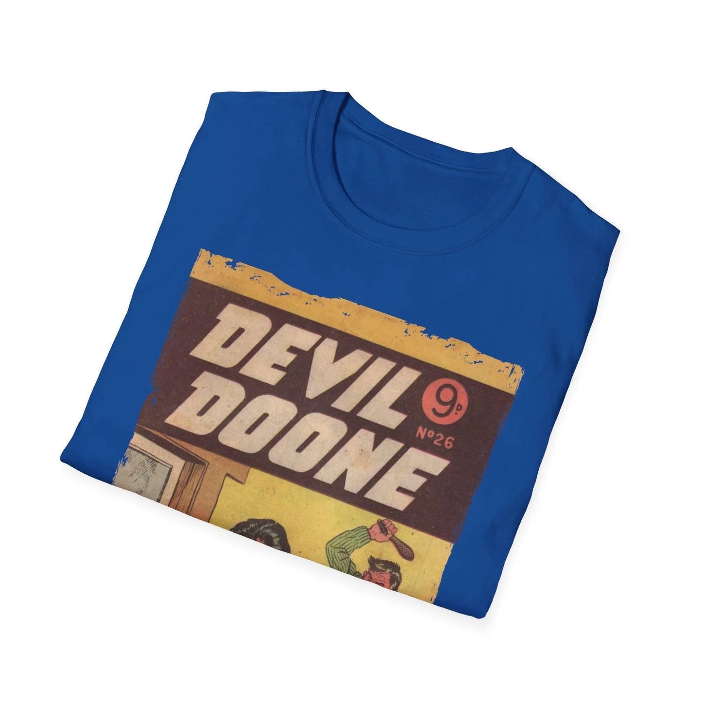 Close-up of the Devil Doone No.26 unisex softstyle T-shirt’s navy fabric texture and smooth crew neckline from a slightly