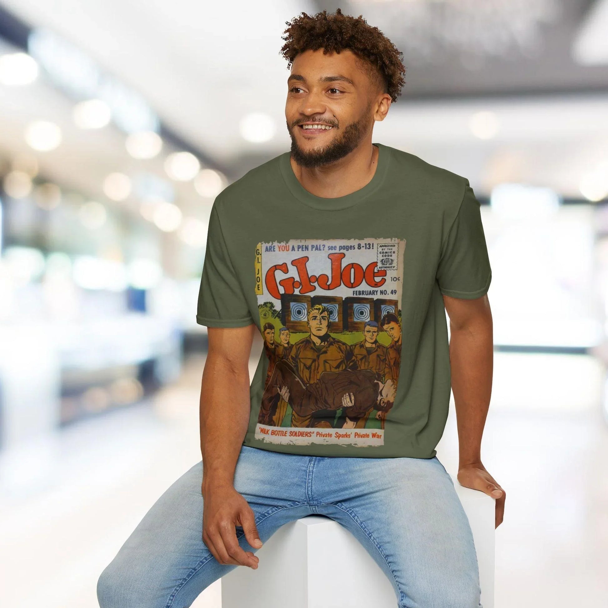 Close-up of the G.I. Joe No.49 T-shirt’s soft cotton fabric, showcasing the vibrant green color and subtle texture from a