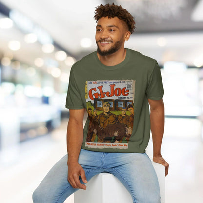 Close-up of the G.I. Joe No.49 T-shirt’s soft cotton fabric, showcasing the vibrant green color and subtle texture from a