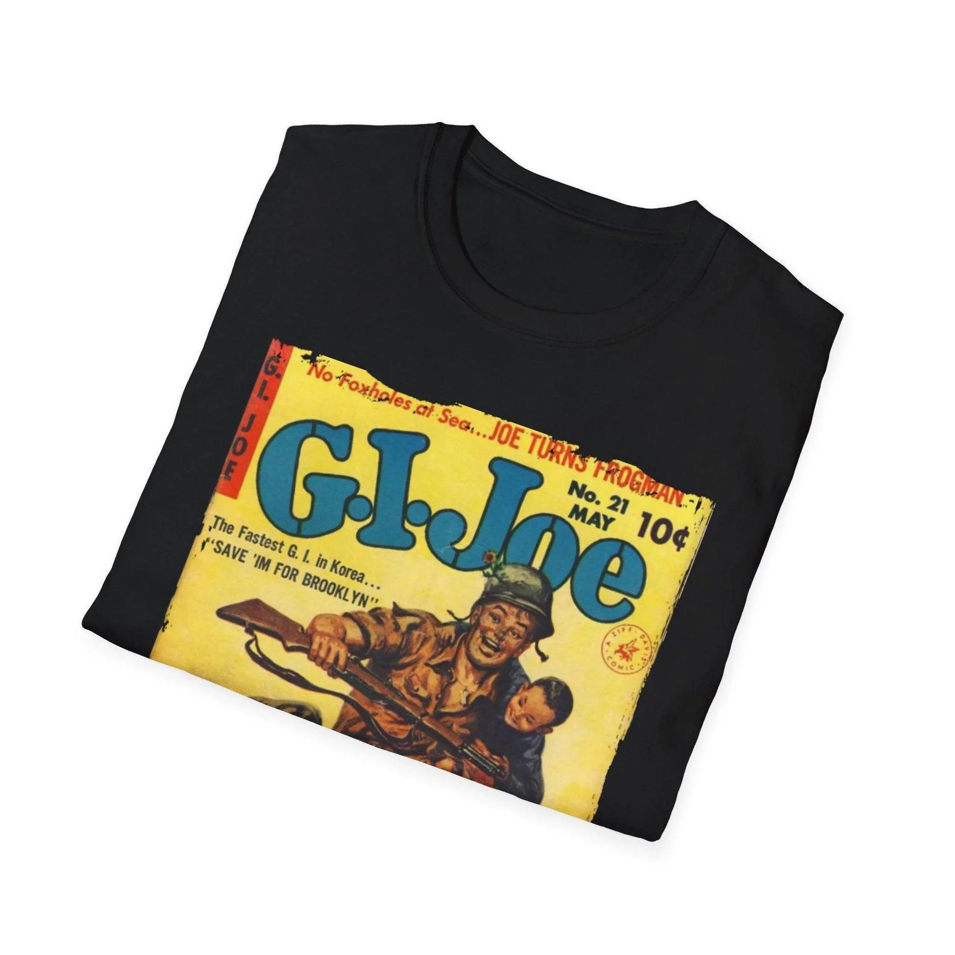 Close-up of the G.I. Joe No.21 softstyle T-shirt’s crew neckline with visible stitching and fabric texture in charcoal gray