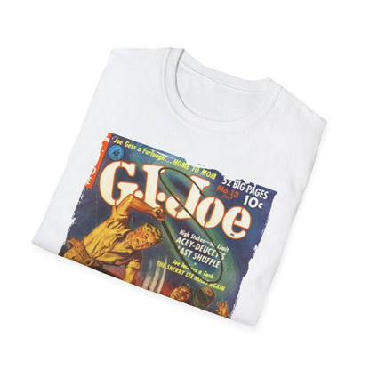 Close-up of the G.I. Joe No.13 July unisex softstyle T-shirt's smooth bamboo blend fabric and relaxed fit neckline from a