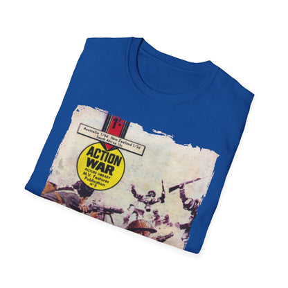 Close-up of the unisex softstyle T-shirt's fabric weave in heather navy, highlighting the smooth texture and relaxed fit