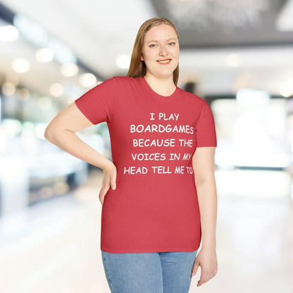 Close-up of the White I Play Boardgames unisex softstyle T-shirt's neckline and stitching detail from a front angle