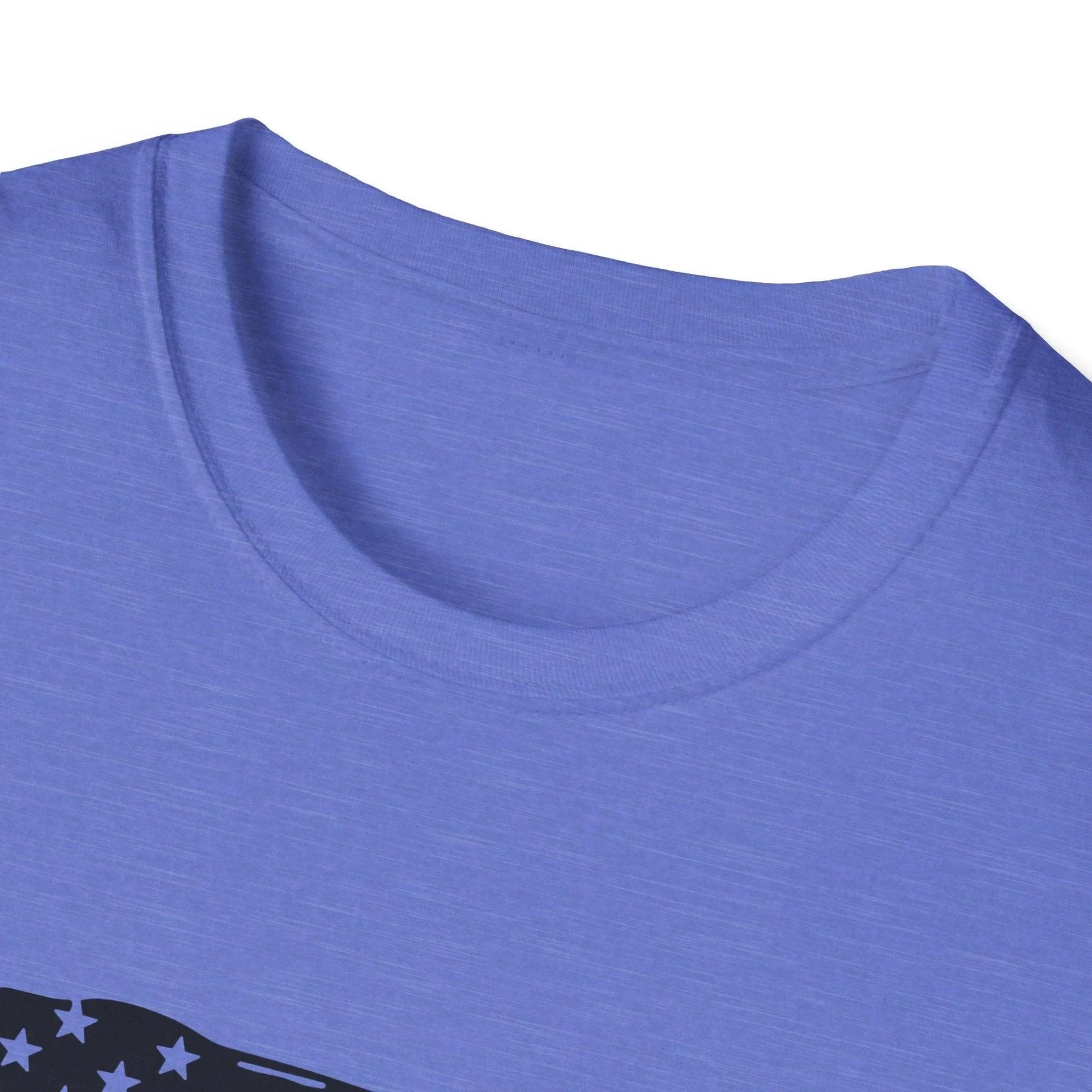 Close-up of the distressed black and white flag heartbeat print on the front of the unisex softstyle T-shirt, highlighting