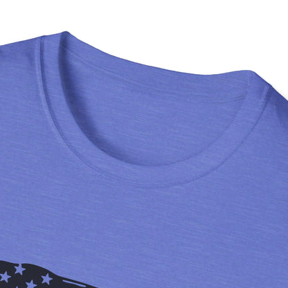 Close-up of the distressed black and white flag heartbeat print on the front of the unisex softstyle T-shirt, highlighting