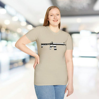 Close-up of the black-and-white American flag eagle graphic on the chest of the relaxed fit, 100% cotton unisex T-shirt with