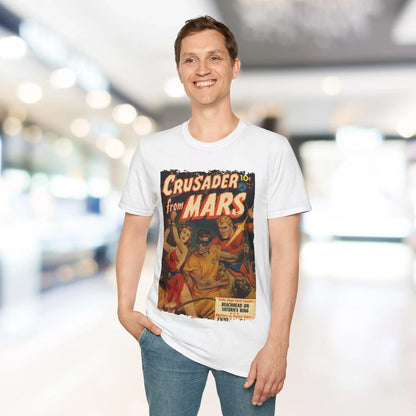 Close-up of the Crusader from Mars 2 t-shirt’s navy fabric with visible soft, smooth texture and reinforced neckline