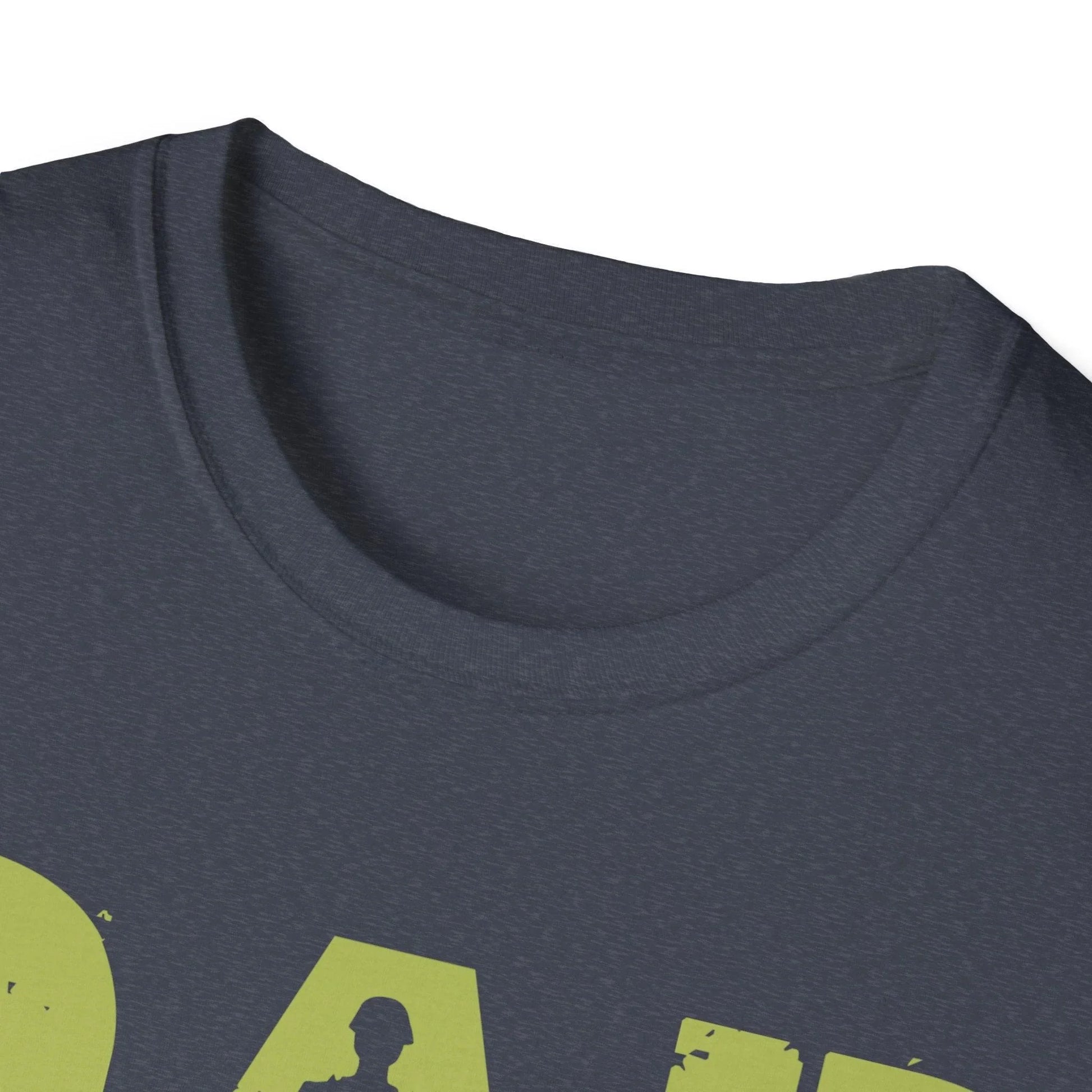 Close-up of the inside collar displaying the "Dad Hero Veteran Legend" printed label on the soft cotton fabric of the