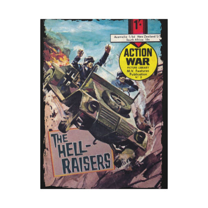 Close-up of the canvas texture highlighting detailed brush strokes and vibrant color blending on the Action War #9 artwork.