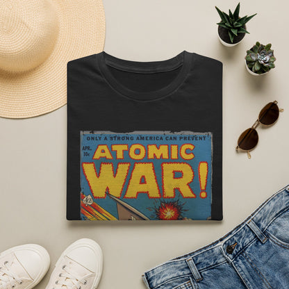 Close-up of the Atomic War! No 4 unisex softstyle T-shirt neckline featuring subtle printed tag and smooth fabric texture in