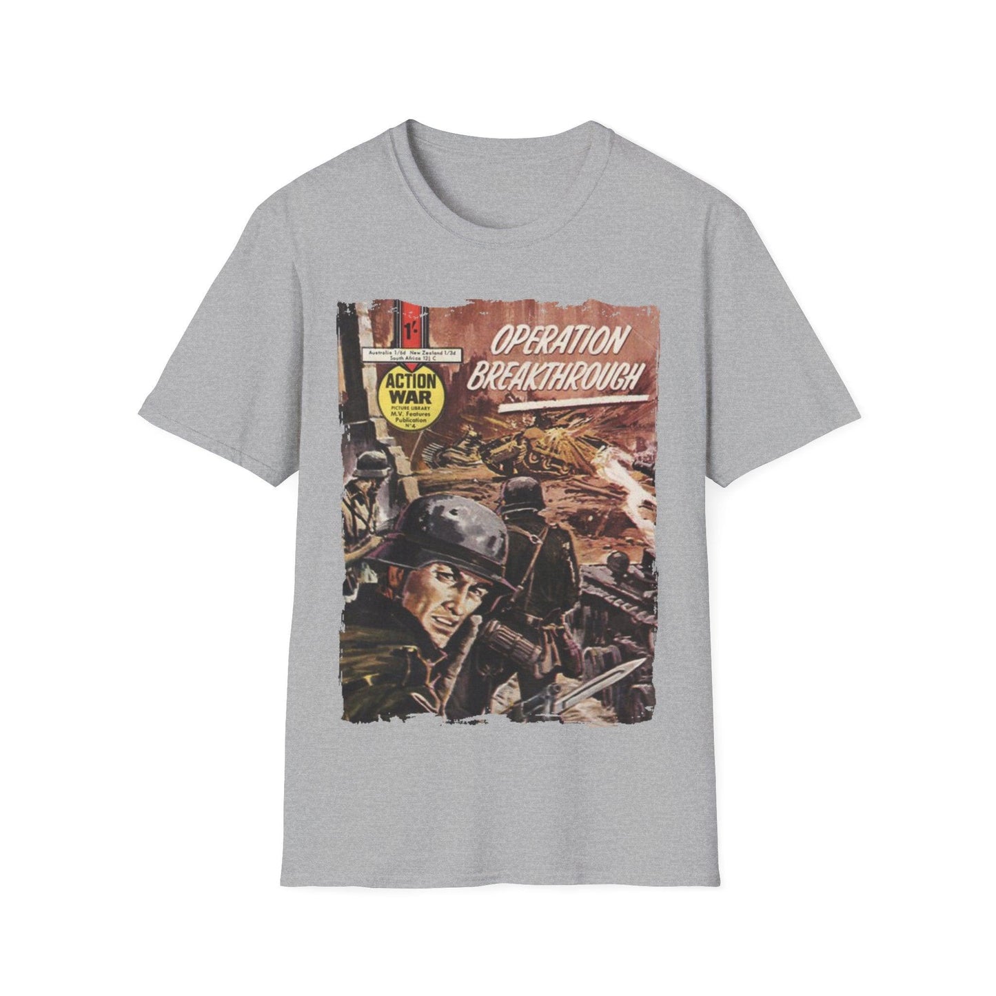 Close-up of the unisex softstyle T-shirt's chest print featuring vibrant Action War #4 logo on relaxed fit, bright navy