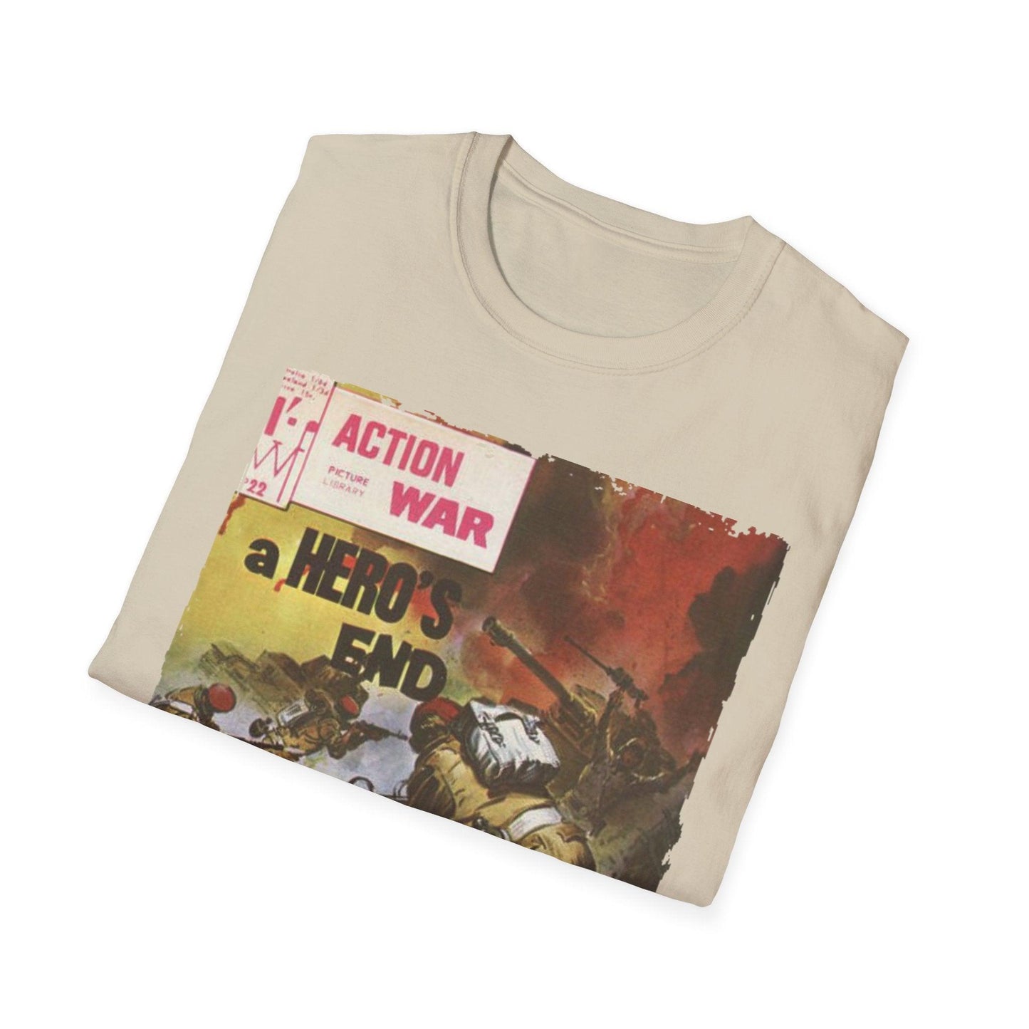 Close-up of the unisex softstyle T-shirt’s collar featuring reinforced stitching and a small action war logo tag at the