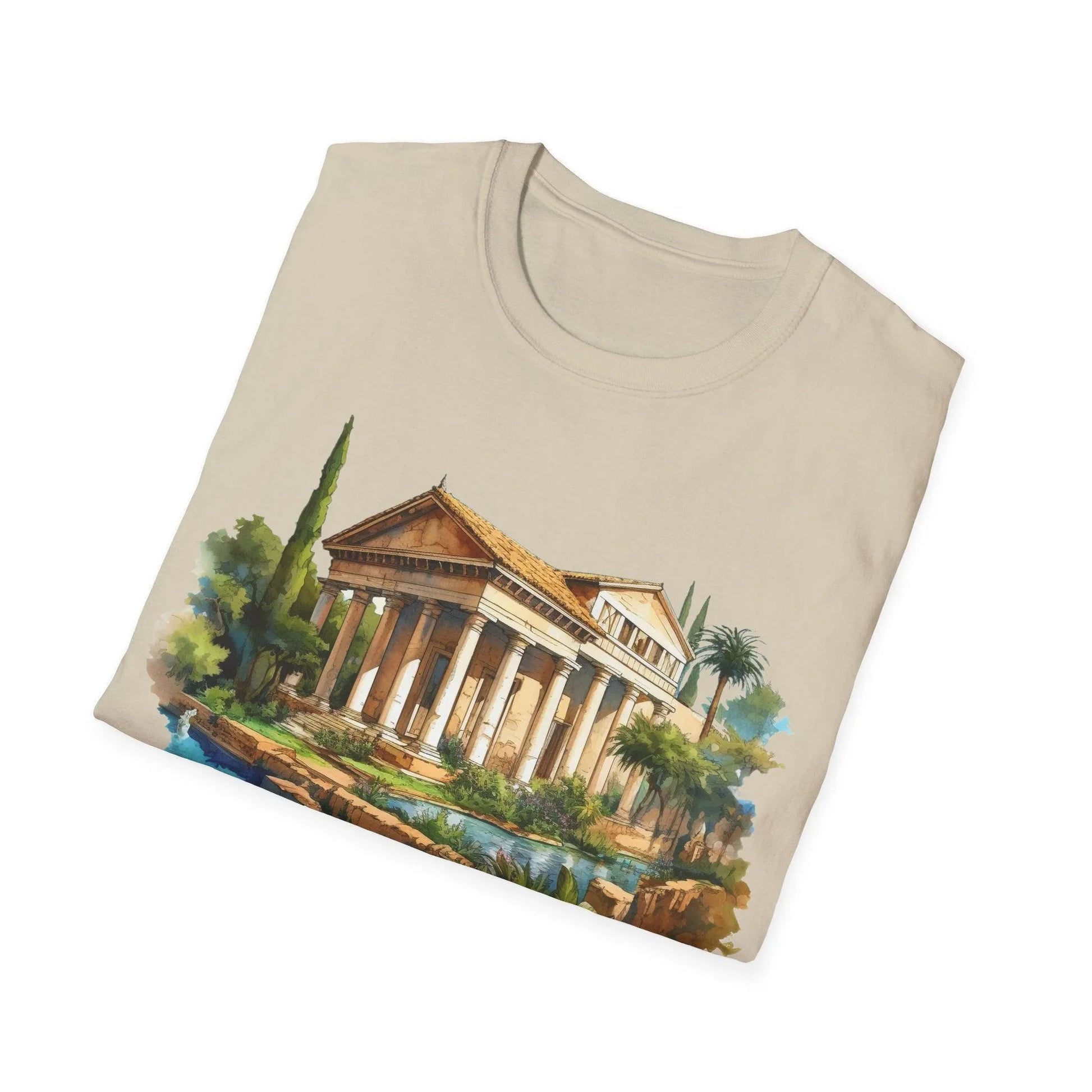 Close-up of the Ancient Bldg 3 T-Shirt's woven fabric tag featuring product name and care instructions, shown on a relaxed