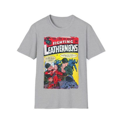 Close-up of the unisex softstyle T-shirt’s neckline and sleeve hem, showcasing the smooth fabric and relaxed fit in navy