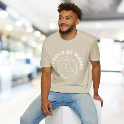 Close-up of the white unisex softstyle T-shirt’s neckline and fabric texture, highlighting smooth stitching and relaxed fit