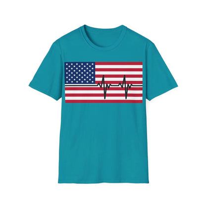 Close-up of the American Flag Heartbeat design on the relaxed fit, unisex softstyle T-shirt’s front chest showcasing vibrant