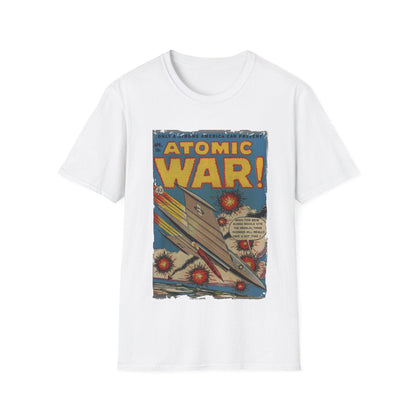 Close-up of the Atomic War! No 4 T-shirt neck tag and stitched shoulder seam in heather gray soft cotton fabric