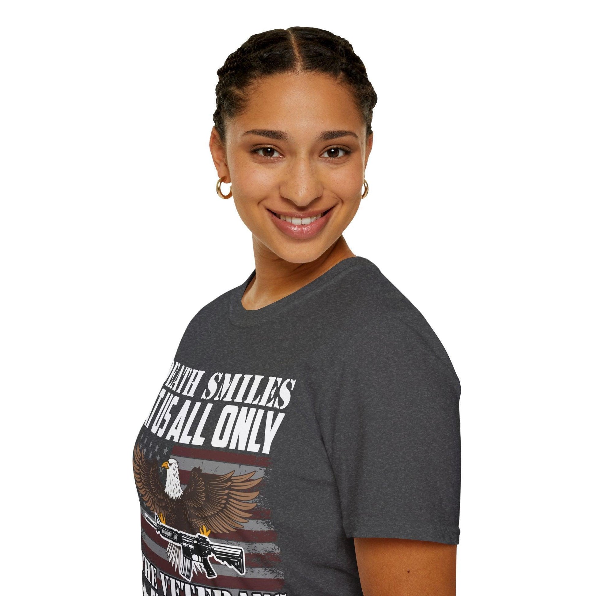 Close-up of the Death Smiles unisex softstyle T-shirt's collar stitching and vibrant midnight black cotton fabric from a