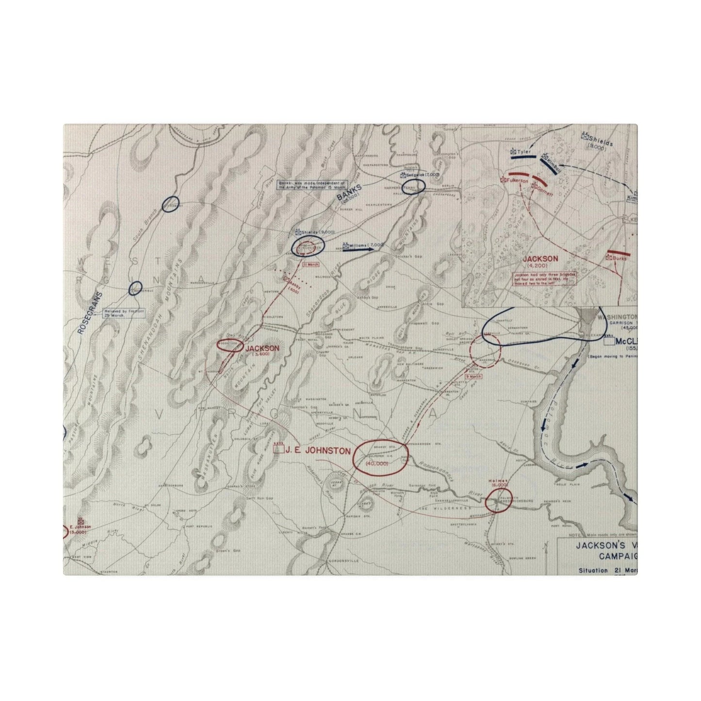 Close-up of canvas texture highlighting detailed brushstrokes and aged finish of the Civil War campaign map.