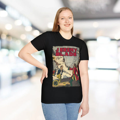 Close-up of the Jeremy Blade T-Shirt's soft cotton fabric and subtle seam detail at the neckline from a slightly angled top