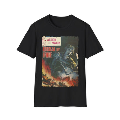 Printify Action War #27 unisex softstyle cotton T-shirt with crew neck, regular fit, black color, graphic print design
