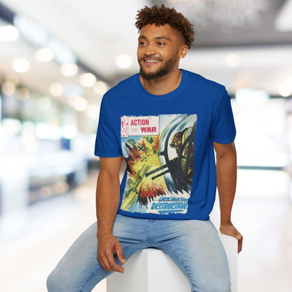 Close-up of the unisex slim fit, charcoal gray cotton-softstyle T-shirt neckline with visible stitching detail from a slight