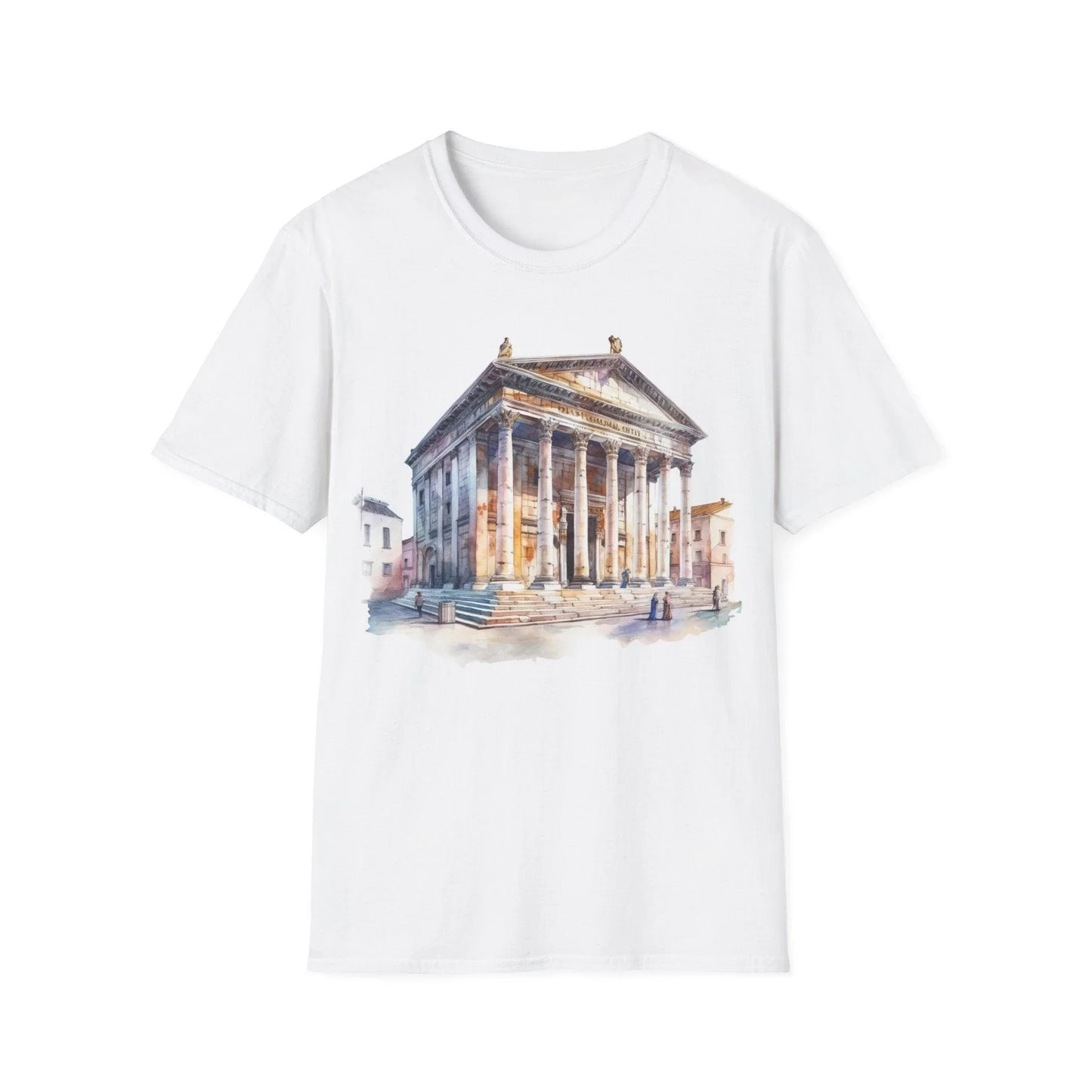 Close-up of the unisex softstyle T-shirt’s relaxed fit and heather gray fabric texture from a front-side angle