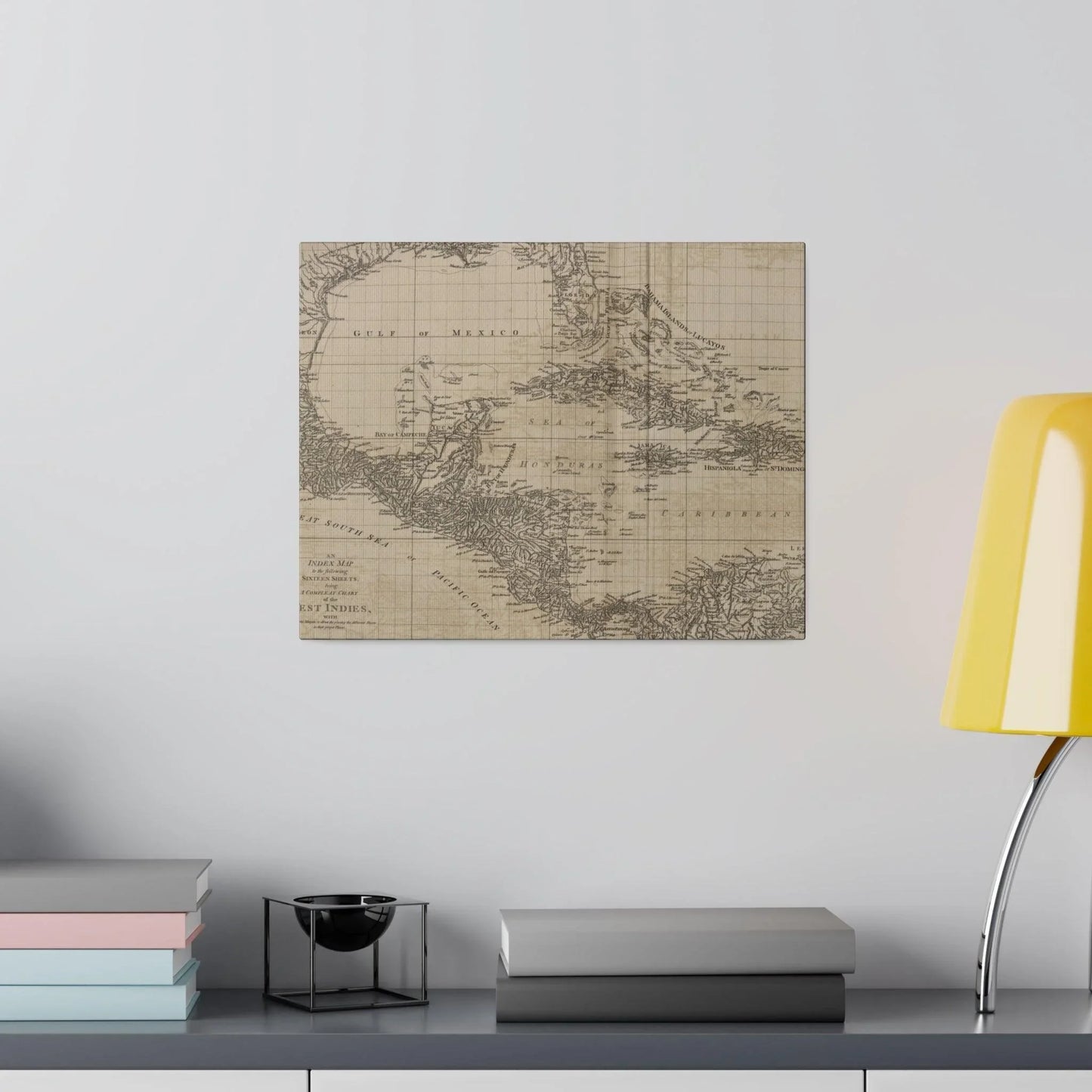 Close-up of the West Indies chart’s intricate coastal detail and vibrant color accents on textured canvas surface.