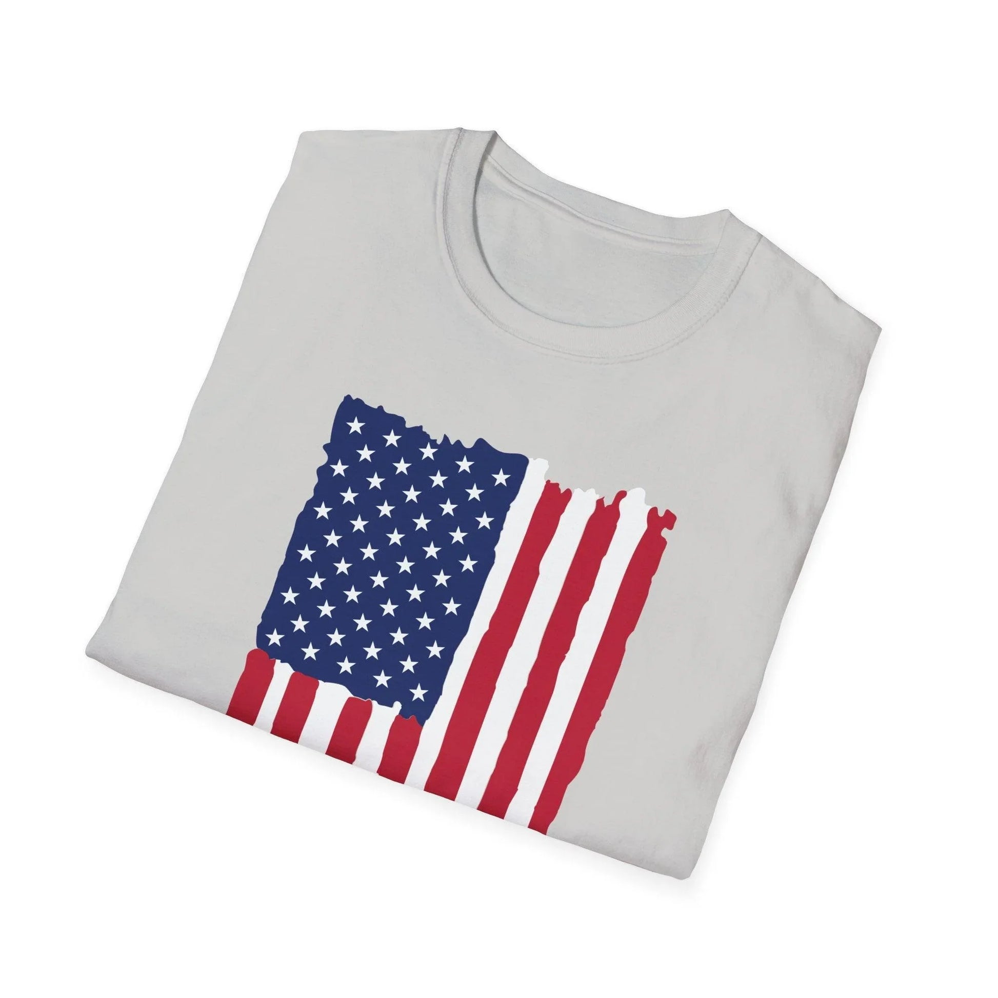 Close-up of distressed vertical American flag design on soft cotton fabric, highlighting vibrant colors and frayed edges at