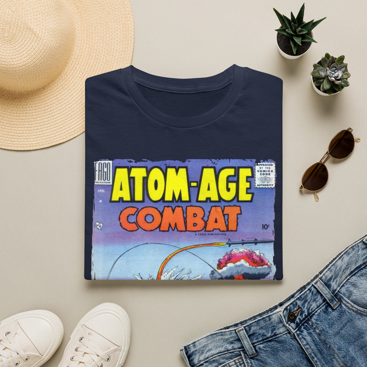 Close-up of the Atom-Age Combat No.2 unisex softstyle T-shirt's fabric texture and subtle heather pattern in olive green