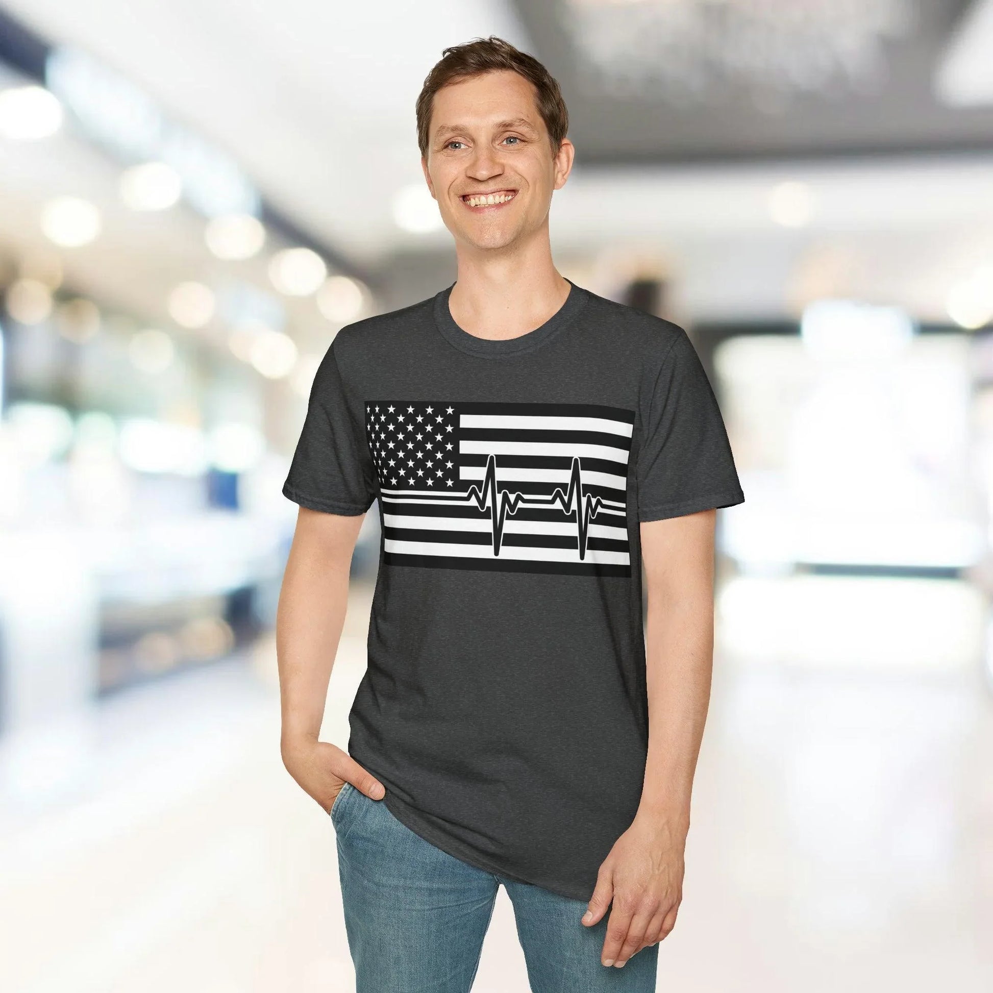Close-up of the black and white American flag heartbeat design on the chest area, highlighting crisp graphic details on soft