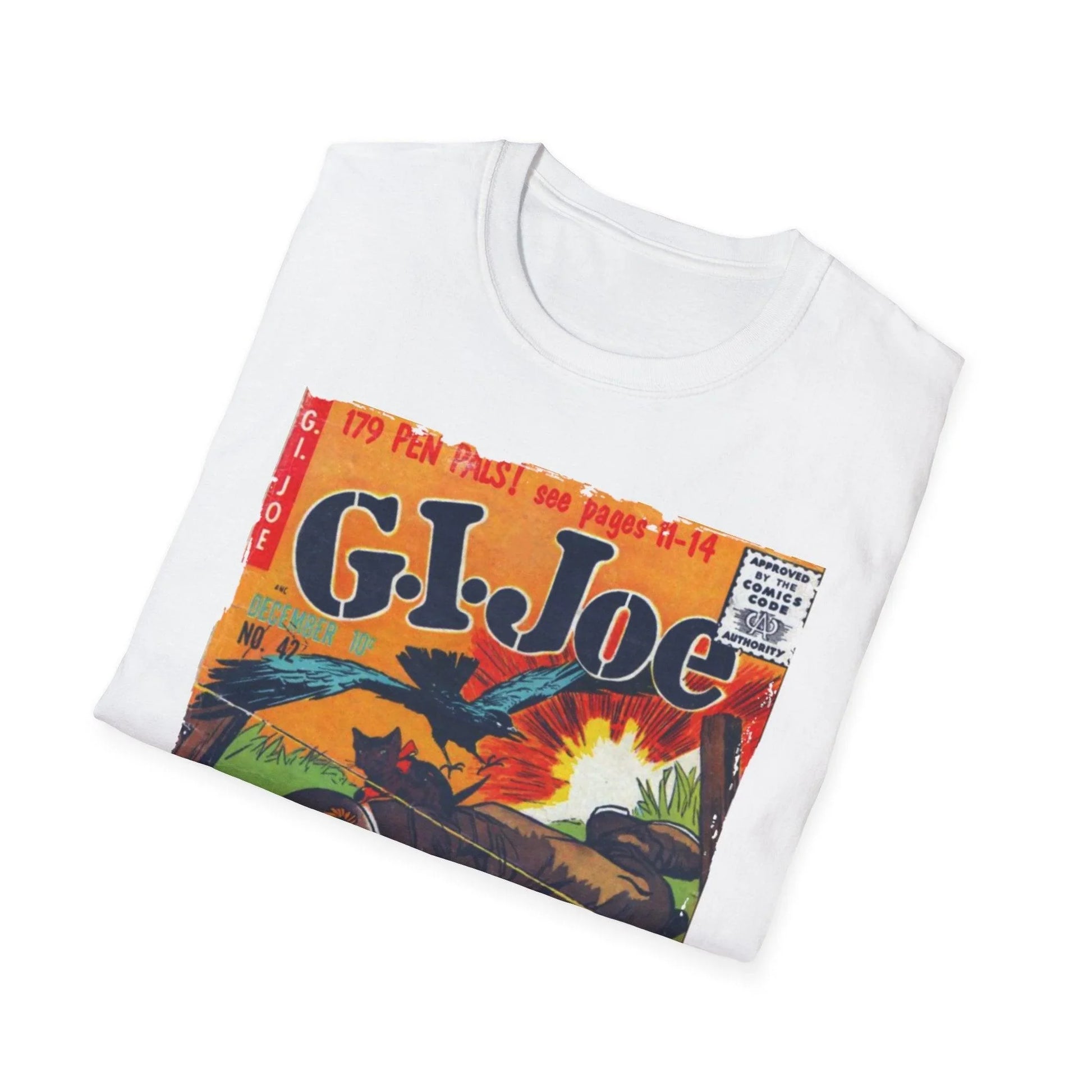 Close-up of the G.I. Joe No.42 unisex softstyle T-shirt's fabric texture and relaxed fit in classic navy color, highlighting