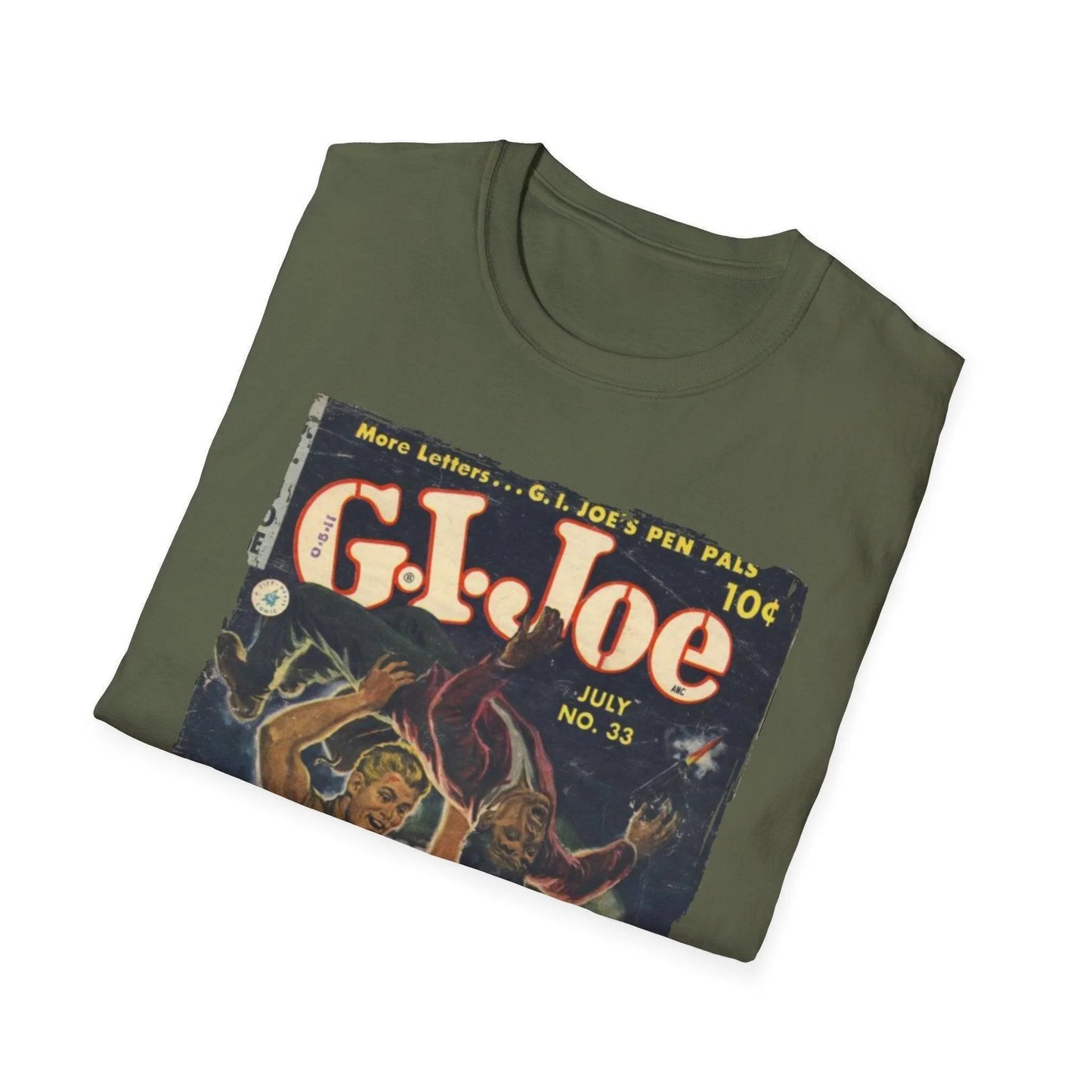 Close-up of the G.I. Joe No.33 softstyle T-shirt’s neckline and subtle fabric texture in charcoal gray color