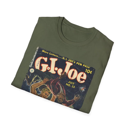 Close-up of the G.I. Joe No.33 softstyle T-shirt’s neckline and subtle fabric texture in charcoal gray color