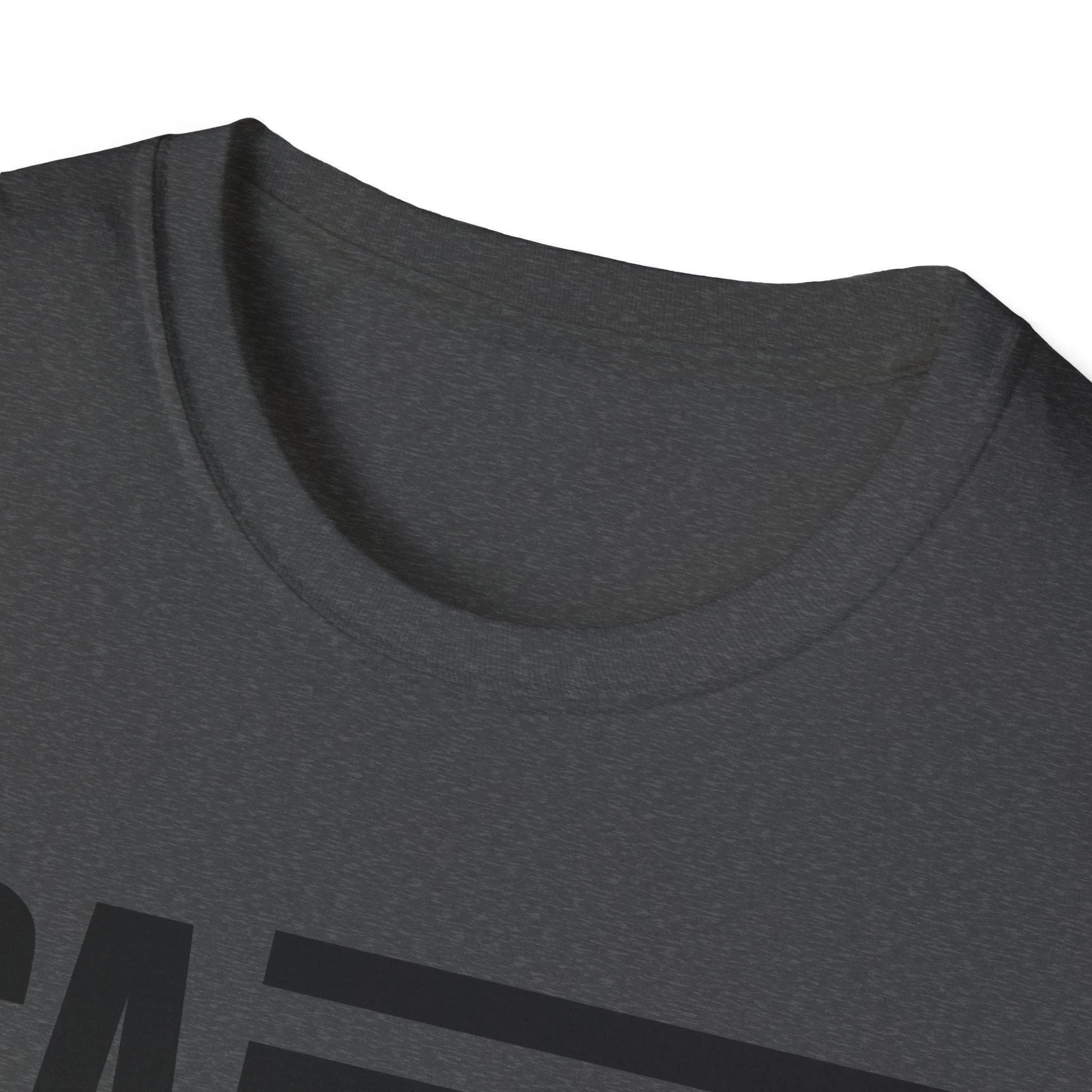 Close-up of the American flag USA B&W T-Shirt’s neckline and subtle front seam stitching on relaxed fit black fabric.