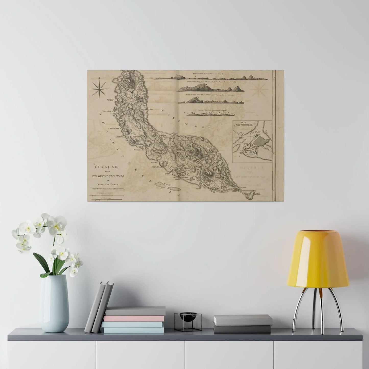 Detail of vibrant Dutch blue and orange tones, showcasing textured canvas surface of the Curacao print from Gerard Van