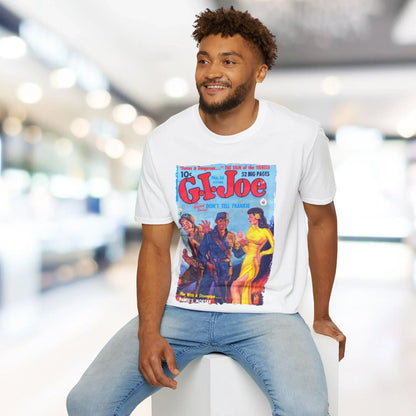 Close-up of the G.I. Joe No.16 softstyle T-shirt's relaxed fit tag sewn into the neckline with visible stitching and fabric