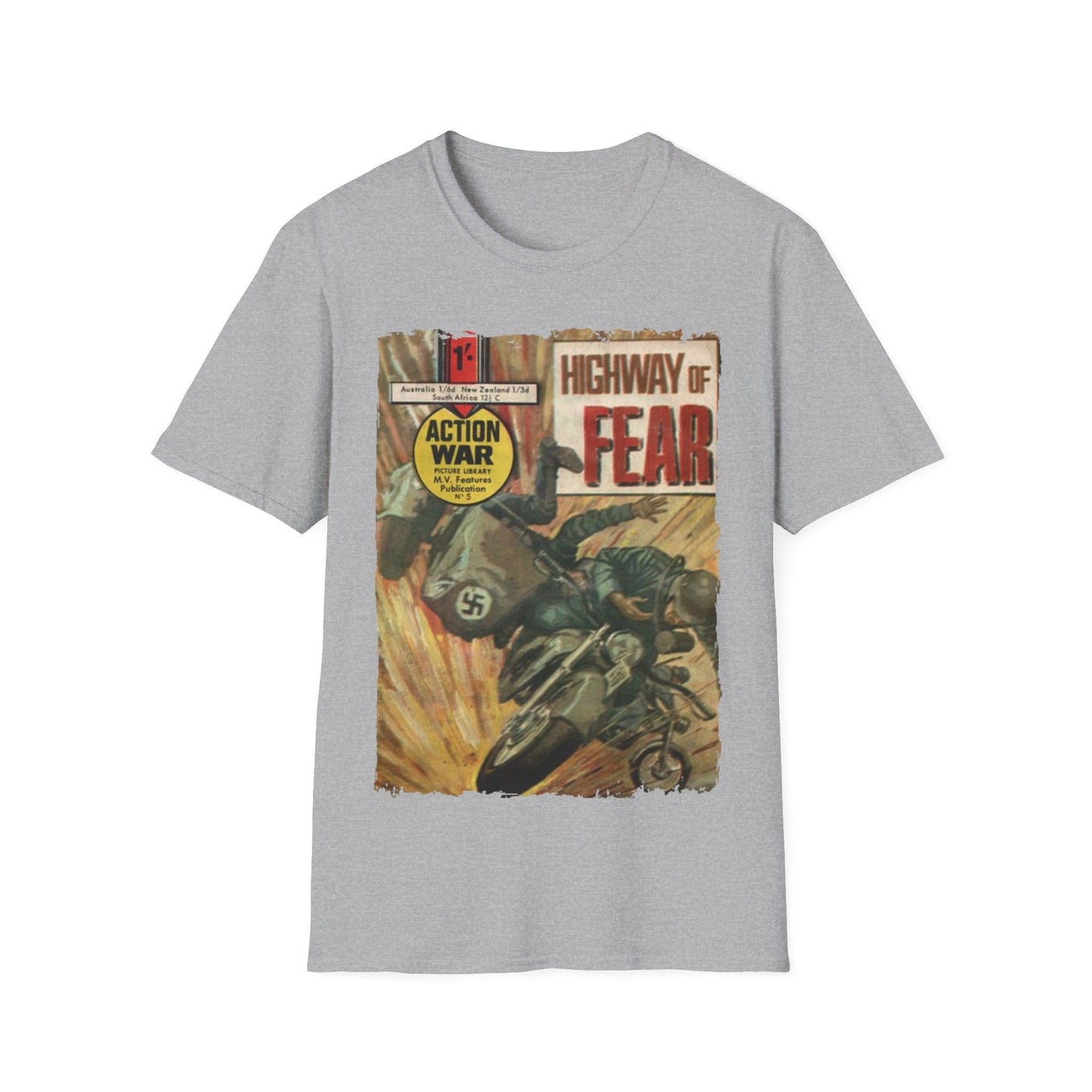 Close-up of the unisex softstyle T-shirt's slim fit collar and smooth fabric texture in vibrant blue color.