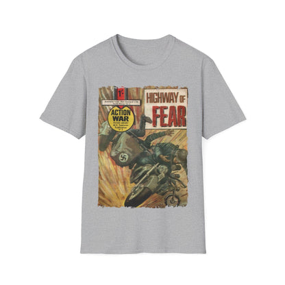 Close-up of the unisex softstyle T-shirt's slim fit collar and smooth fabric texture in vibrant blue color.