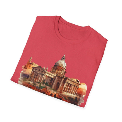 Close-up of the unisex softstyle T-shirt’s neckline emphasizing smooth stitching and fabric texture in vibrant charcoal gray