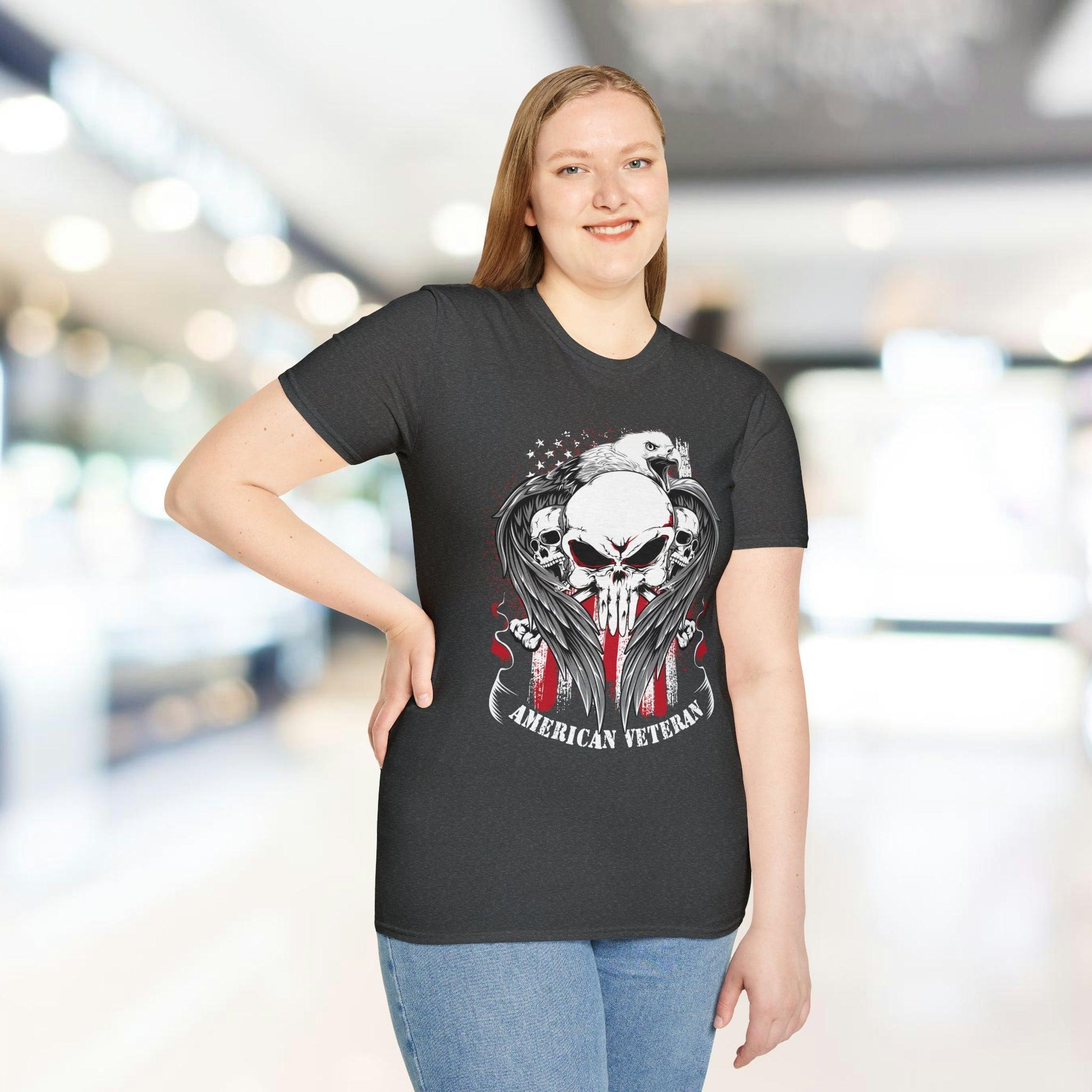 Close-up of the unisex softstyle fabric showing the smooth, relaxed fit and vibrant navy color, highlighting the comfortable