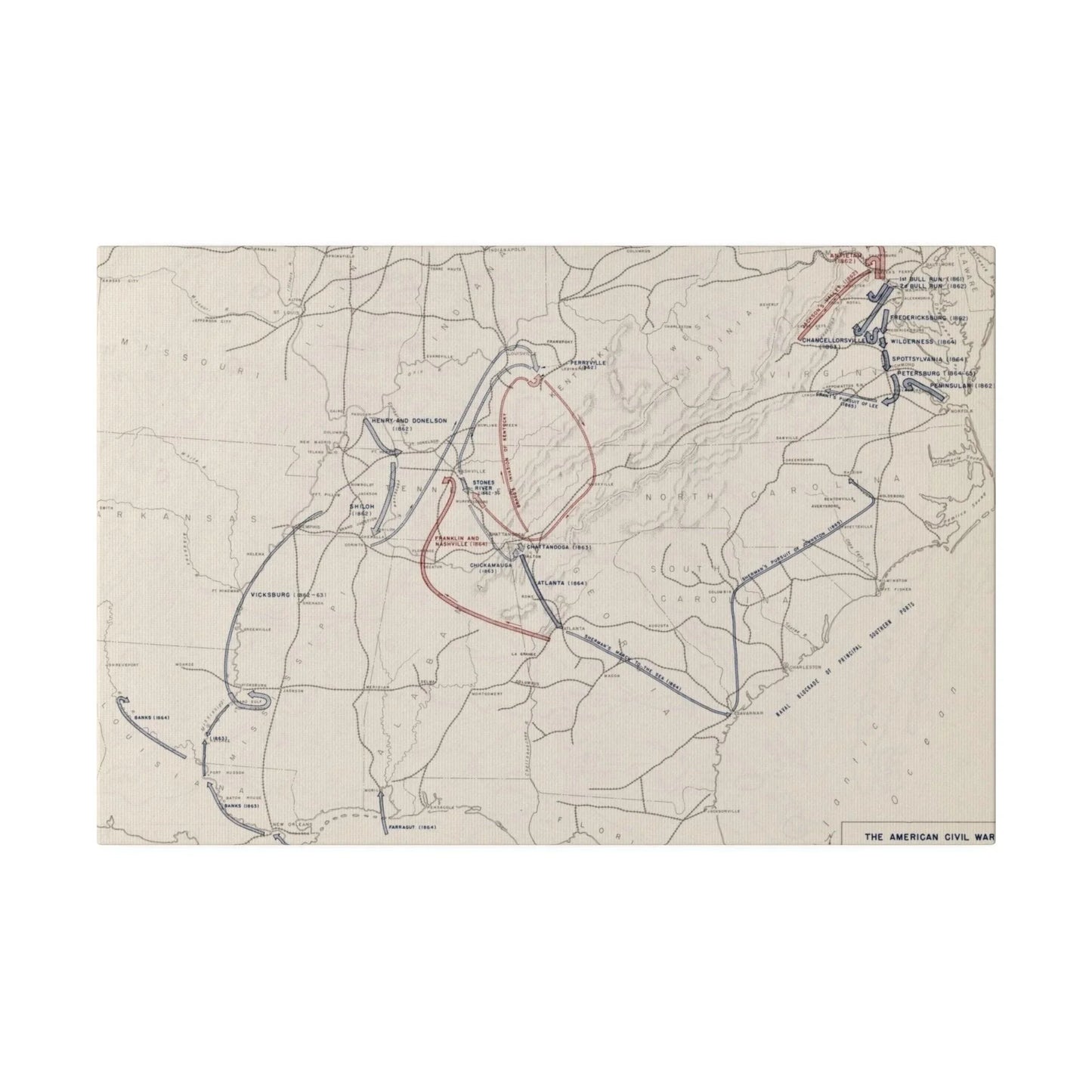 Close-up of weathered canvas with faded text and subtle stitching details highlighting 1861-1865 military operations theme.