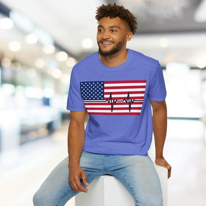 Close-up of the American flag heartbeat graphic printed on the chest area, showcasing vibrant red, white, and blue colors on