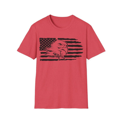 Front close-up highlighting distressed black-and-white American flag design and eagle graphic on soft cotton fabric t-shirt