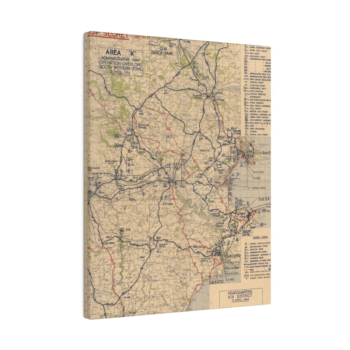 Close-up of detailed Operation Overlord South Western Zone map markings on canvas, highlighting white labels and