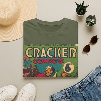 Close-up of the Cracker 1943 unisex softstyle T-shirt fabric texture showcasing relaxed fit and charcoal gray color from a