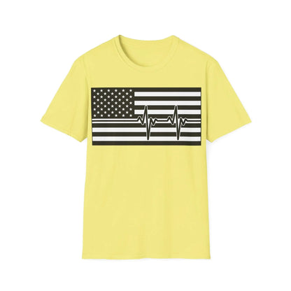 Close-up of black and white American flag heartbeat graphic on chest, highlighting crisp print details on soft, relaxed-fit