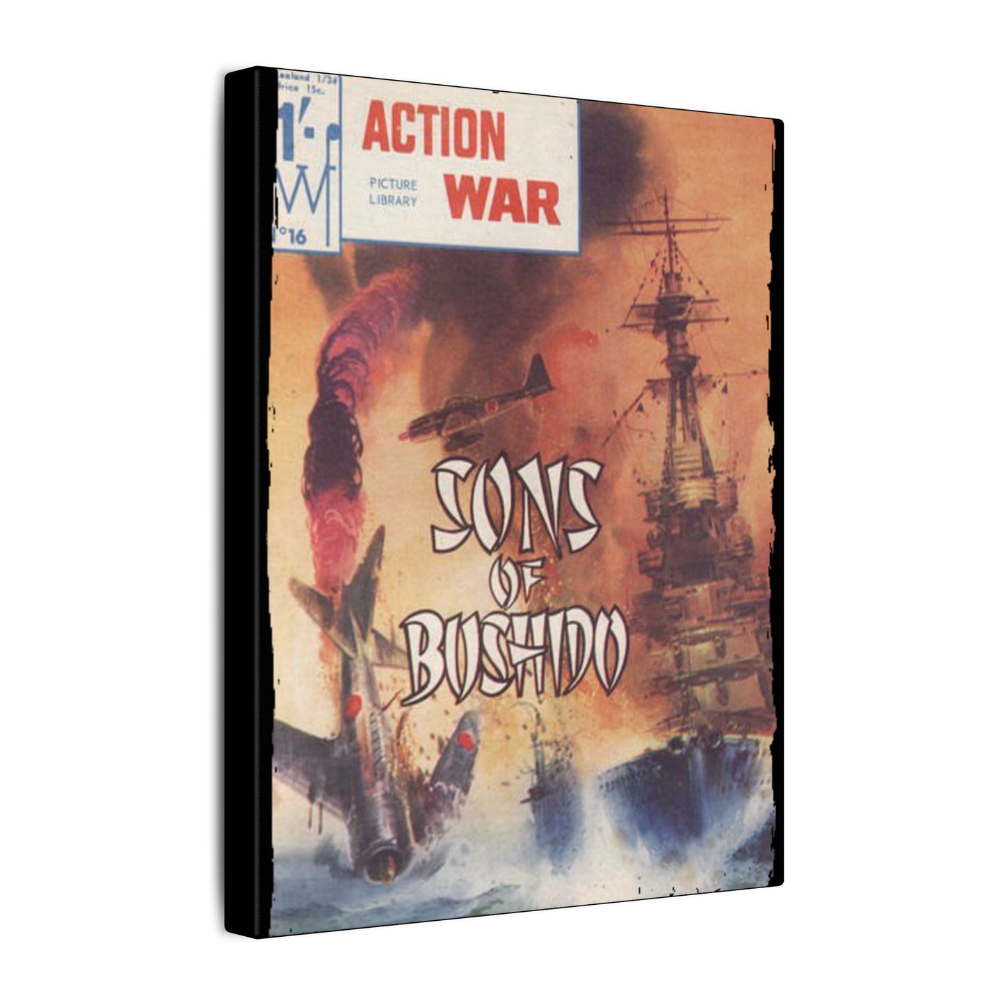 Close-up of "Action War #16" canvas edge showcasing textured print finish and vibrant color contrast along the top corner.